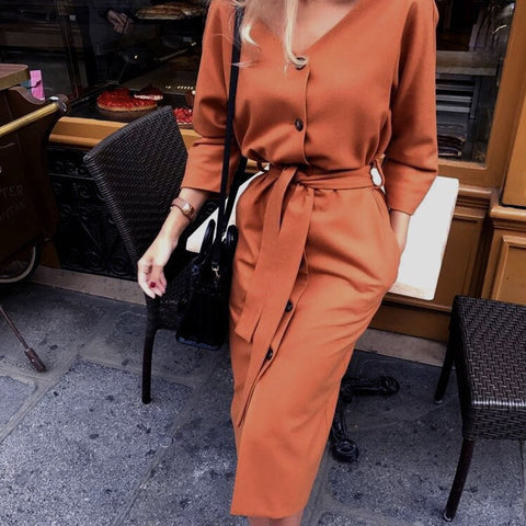 Image of Sexy v Neck Autumn Long Sleeve Women Dress Ladies Sashes Button Casual Office Dress 2019 New Fashion Women Midi Dress Vintage