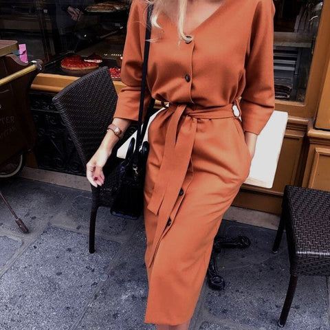 Image of Sexy v Neck Autumn Long Sleeve Women Dress Ladies Sashes Button Casual Office Dress 2019 New Fashion Women Midi Dress Vintage