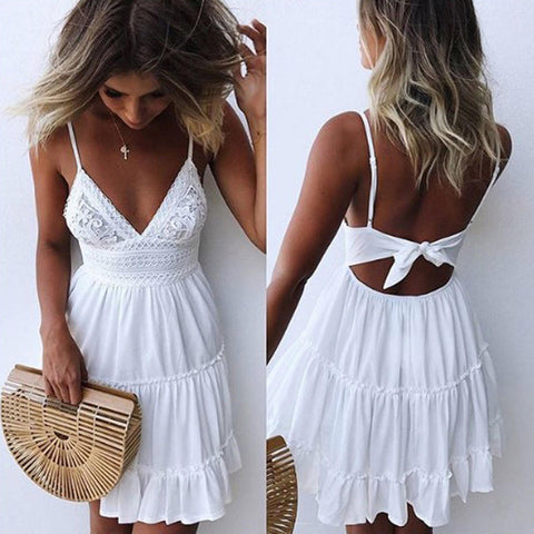 Image of Boho Summer Dress Women Sexy Strappy Lace White Mini Dresses Female Ladies Beach V Neck Party Sundress Black Yellow Pink