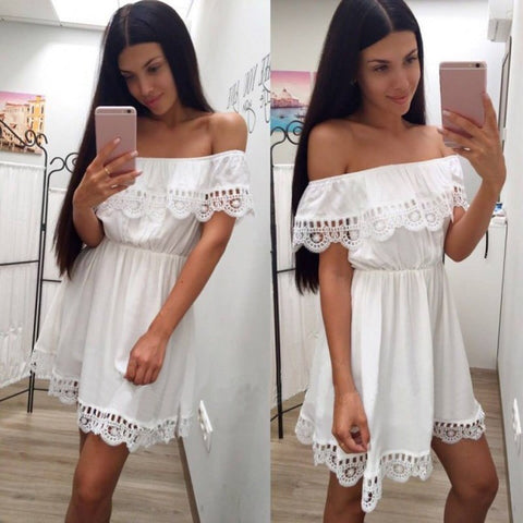 Image of Fashion Women Elegant Vintage sweet lace white Dress Stylish Sexy Slash Neck Casual Slim Beach Summer Sundress Female vestidos