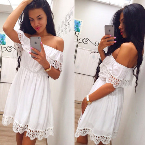 Image of Fashion Women Elegant Vintage sweet lace white Dress Stylish Sexy Slash Neck Casual Slim Beach Summer Sundress Female vestidos