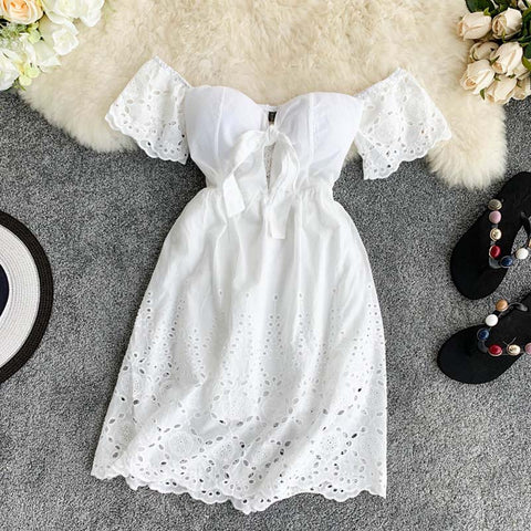Image of New Sexy Strapless White Dress V-neck Padded Stretchy Back Women Summer Off-shoulder Fairy Mini Vestidos hollow lace V-neck back