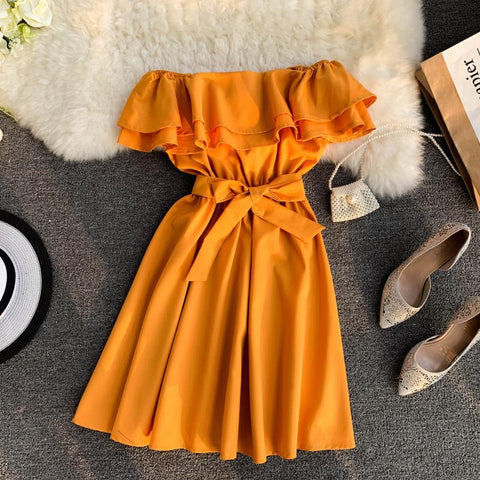 Image of Neploe New Arrival Strapless Women Short Dress 2020 Solid Summer Slash Neck Vestido Korean Ruffles Sashes One Size Robe 43077