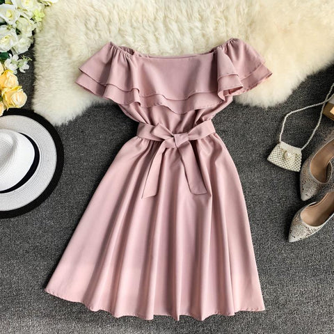 Image of Neploe New Arrival Strapless Women Short Dress 2020 Solid Summer Slash Neck Vestido Korean Ruffles Sashes One Size Robe 43077