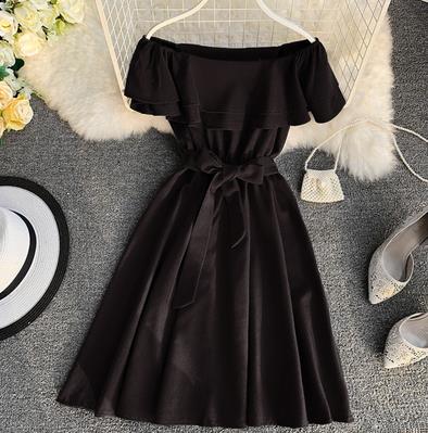 Image of Neploe New Arrival Strapless Women Short Dress 2020 Solid Summer Slash Neck Vestido Korean Ruffles Sashes One Size Robe 43077