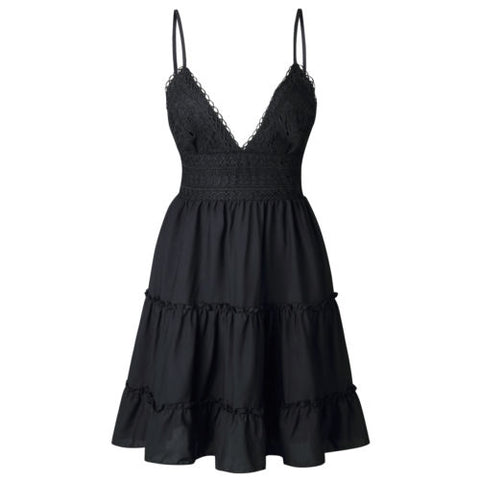 Image of Boho Summer Dress Women Sexy Strappy Lace White Mini Dresses Female Ladies Beach V Neck Party Sundress Black Yellow Pink