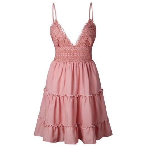 Image of Boho Summer Dress Women Sexy Strappy Lace White Mini Dresses Female Ladies Beach V Neck Party Sundress Black Yellow Pink