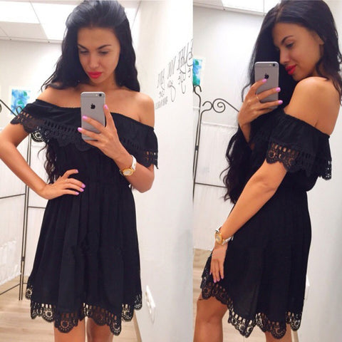 Image of Fashion Women Elegant Vintage sweet lace white Dress Stylish Sexy Slash Neck Casual Slim Beach Summer Sundress Female vestidos
