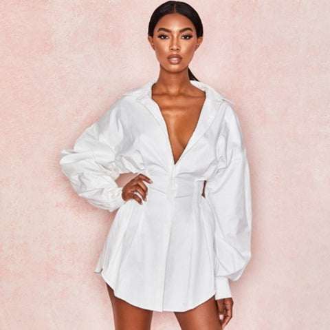 Image of Office Lady Women Femal Ladies Long Sleeve Deep V Shirt Dress Sexy Mini Beach Dress  Elegant Sexy Party Dress New