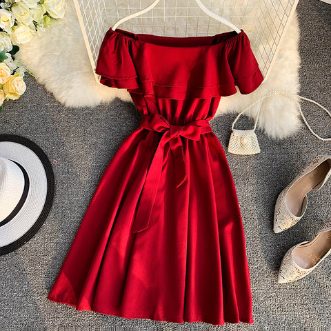 Image of Neploe New Arrival Strapless Women Short  Dress 2020 Solid Summer Slash Neck Vestido Korean Ruffles Sashes One Size Robe 43077